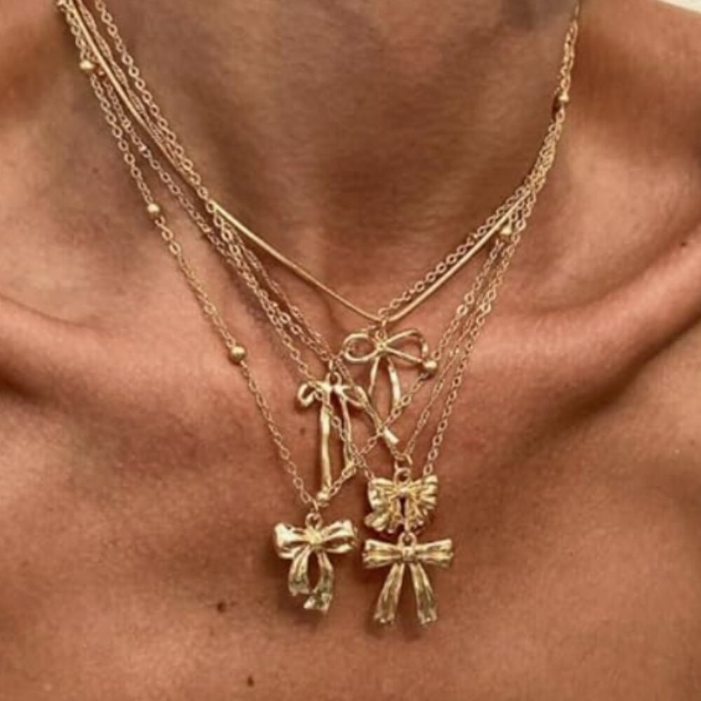 Gold Bow Necklace Stack Set